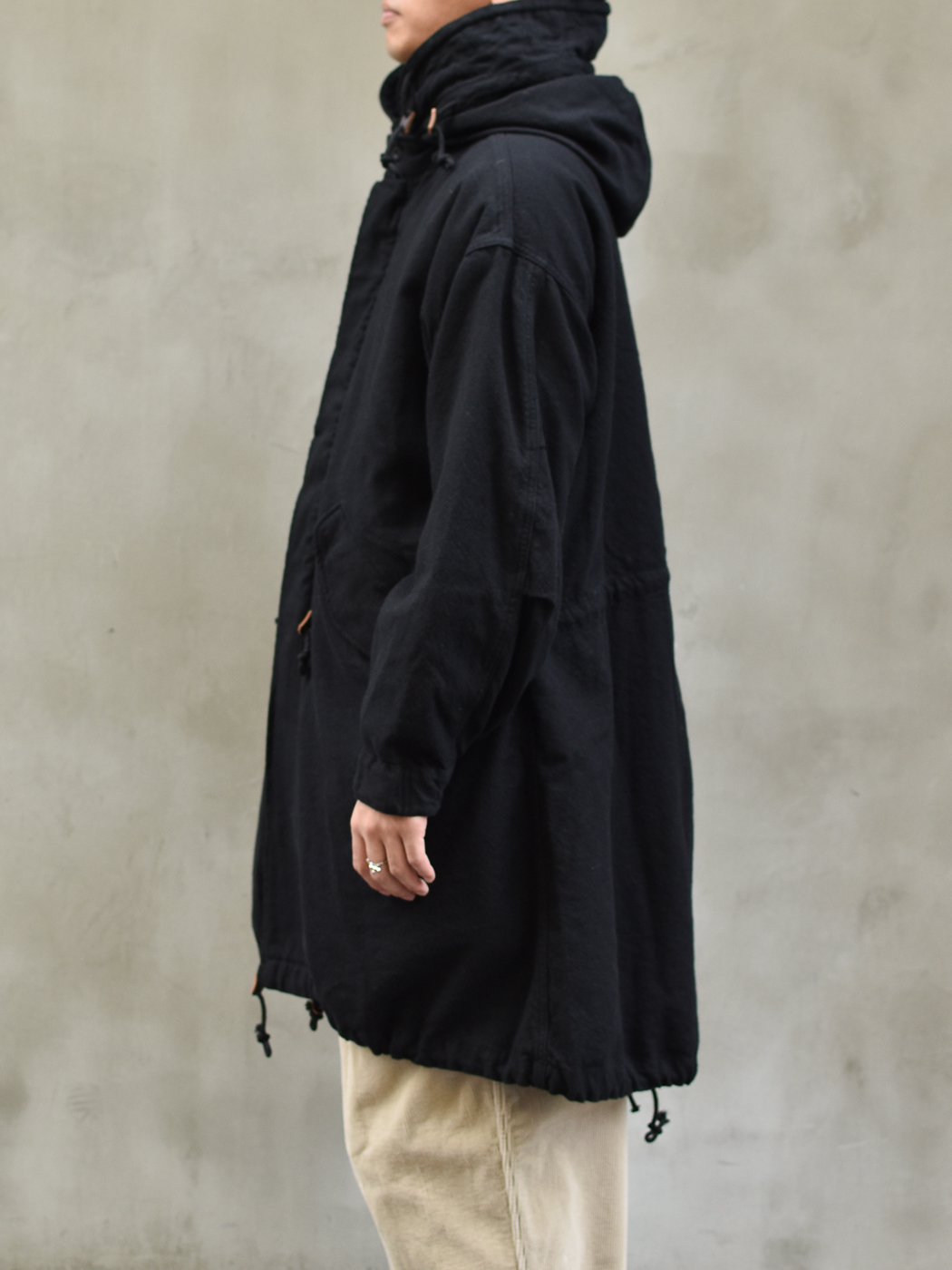 Fish tail long coat with liner (Cashmere cotton linen twill) col